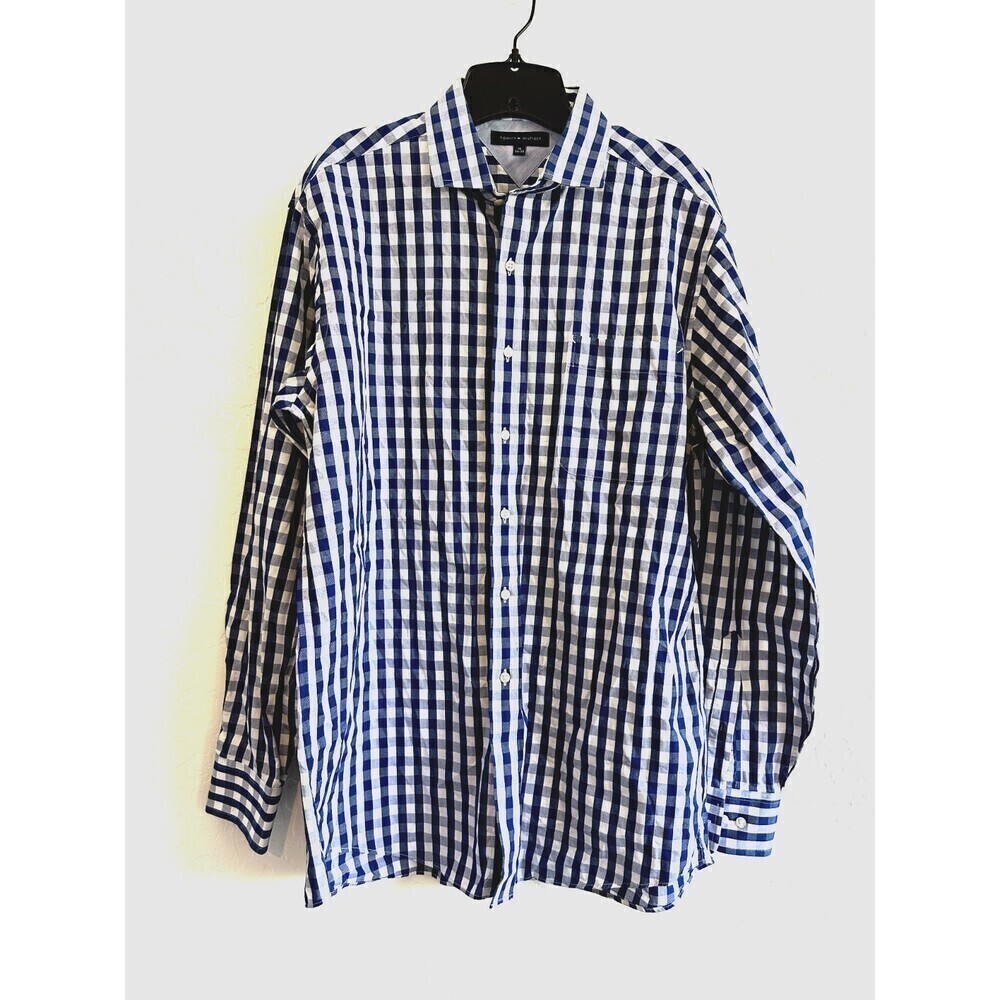 Tommy Hilfiger Mens Regular Fit Button Up Long Sleeve Plaid Shirt Size 16 Blue - Picture 1 of 16